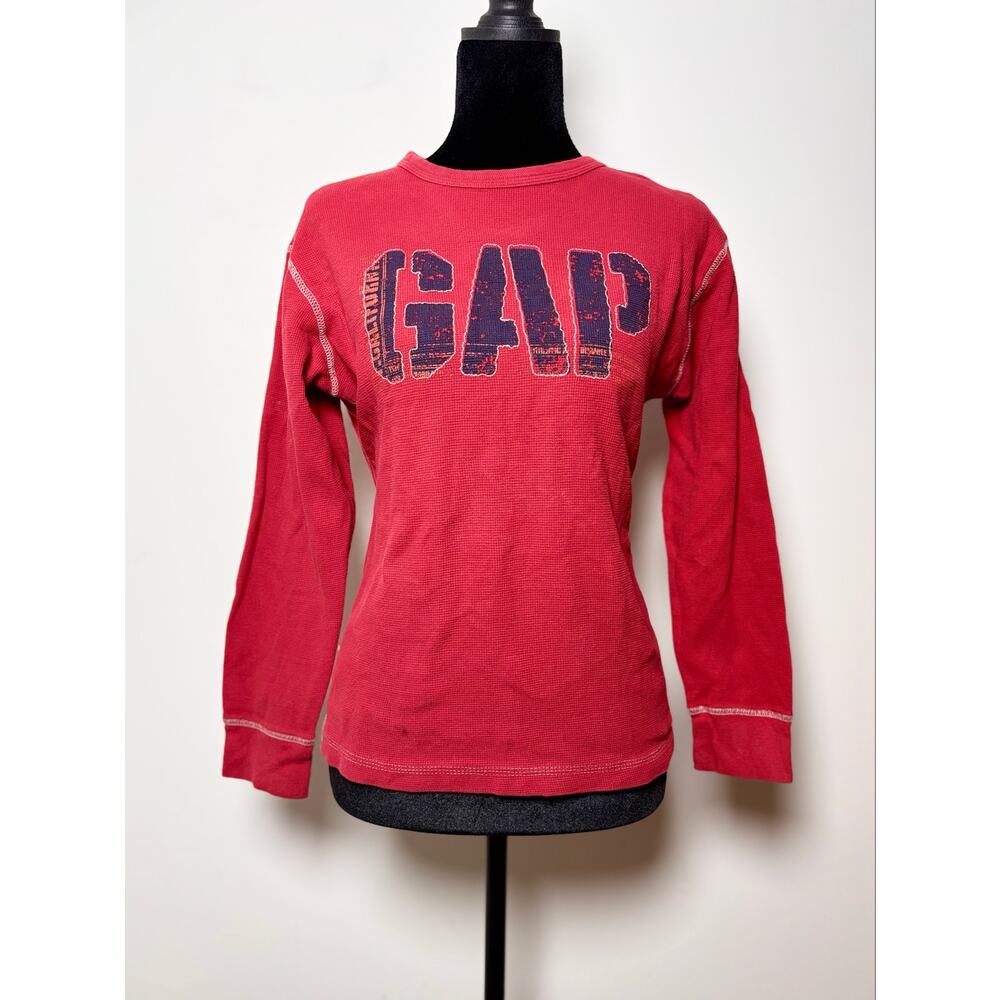 Vtg Y2K GAP Red Waffle Knit Long Sleeve Thermal Top Navy Logo